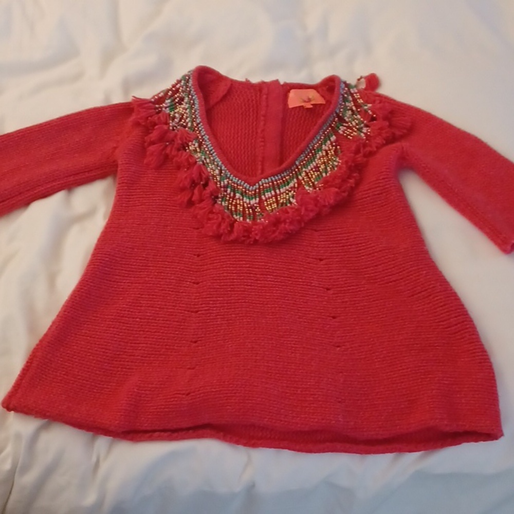 Manoush Wool Beaded Fringe Neck Half Sleeve Pink/Red Knit Pullover Sweater Small